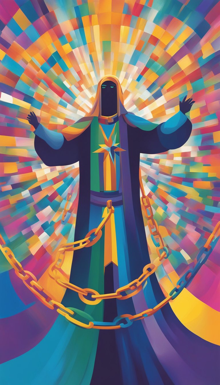 A strong, radiant spirit breaking through chains of fear, exuding power, love, and self-control