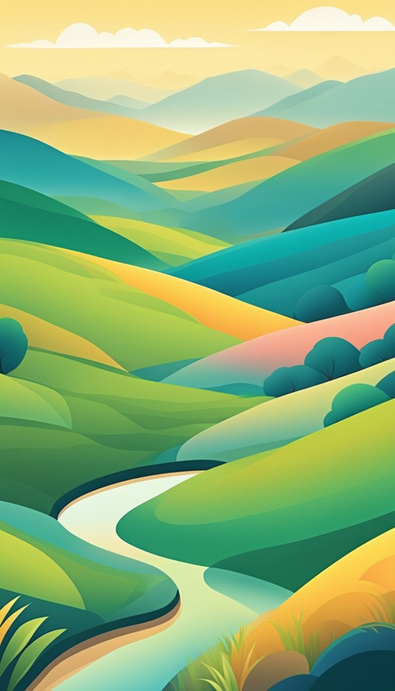 A serene landscape with a clear sky, rolling hills, and a peaceful stream flowing through a lush valley