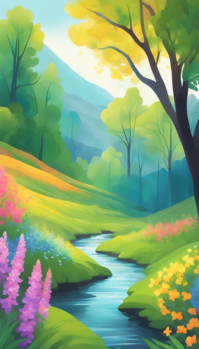 A serene landscape with a gentle stream flowing through a lush valley, surrounded by vibrant wildflowers and towering trees