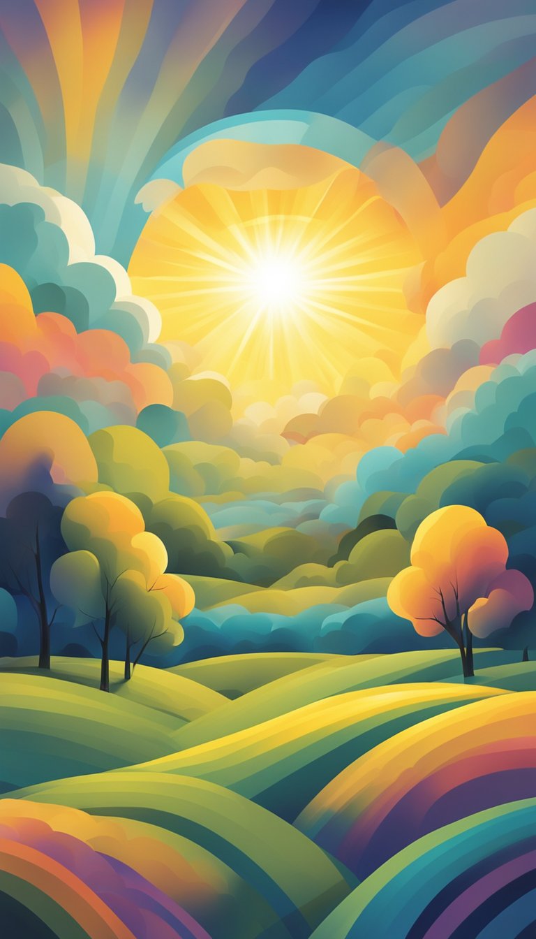 A peaceful landscape with a radiant sun breaking through dark clouds, symbolizing hope and strength in difficult times