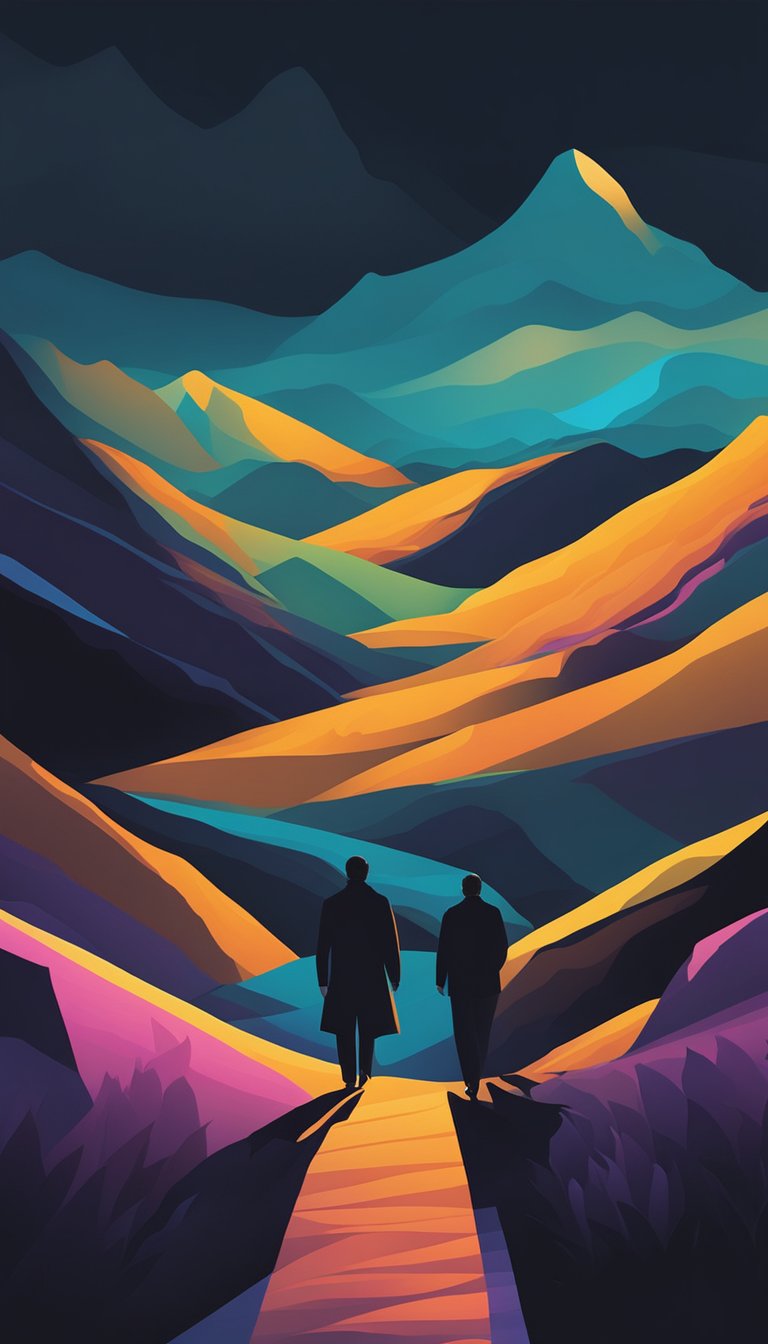 A lone figure walks through a dark valley, surrounded by looming shadows and a sense of foreboding