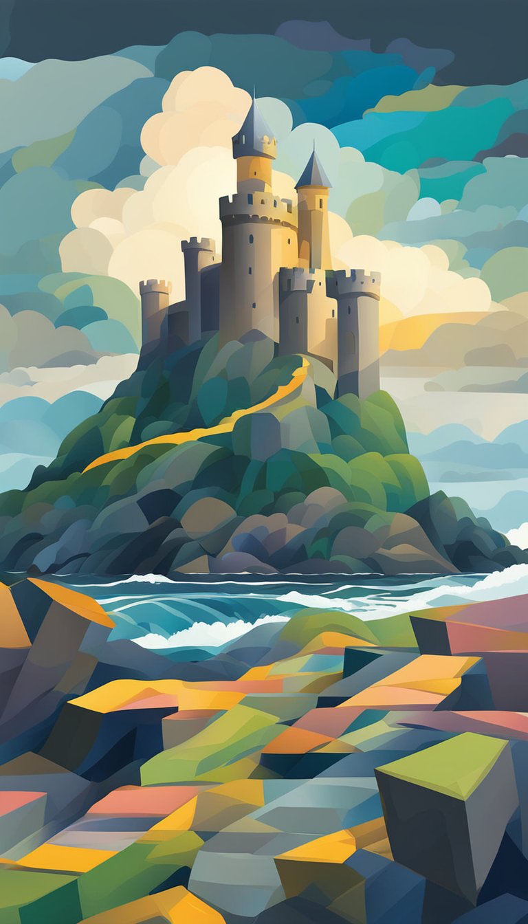 A towering fortress stands against a stormy sky, a symbol of refuge and strength