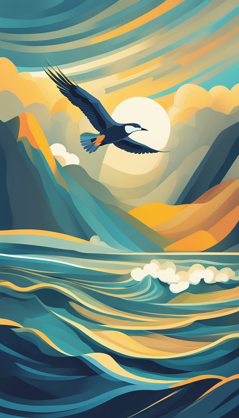 A lone bird soaring above stormy seas, bathed in a warm, comforting light