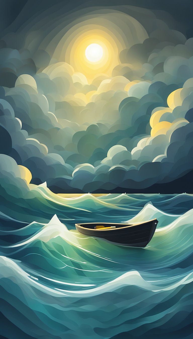 A small boat navigating through stormy waters, with a beam of light breaking through the dark clouds