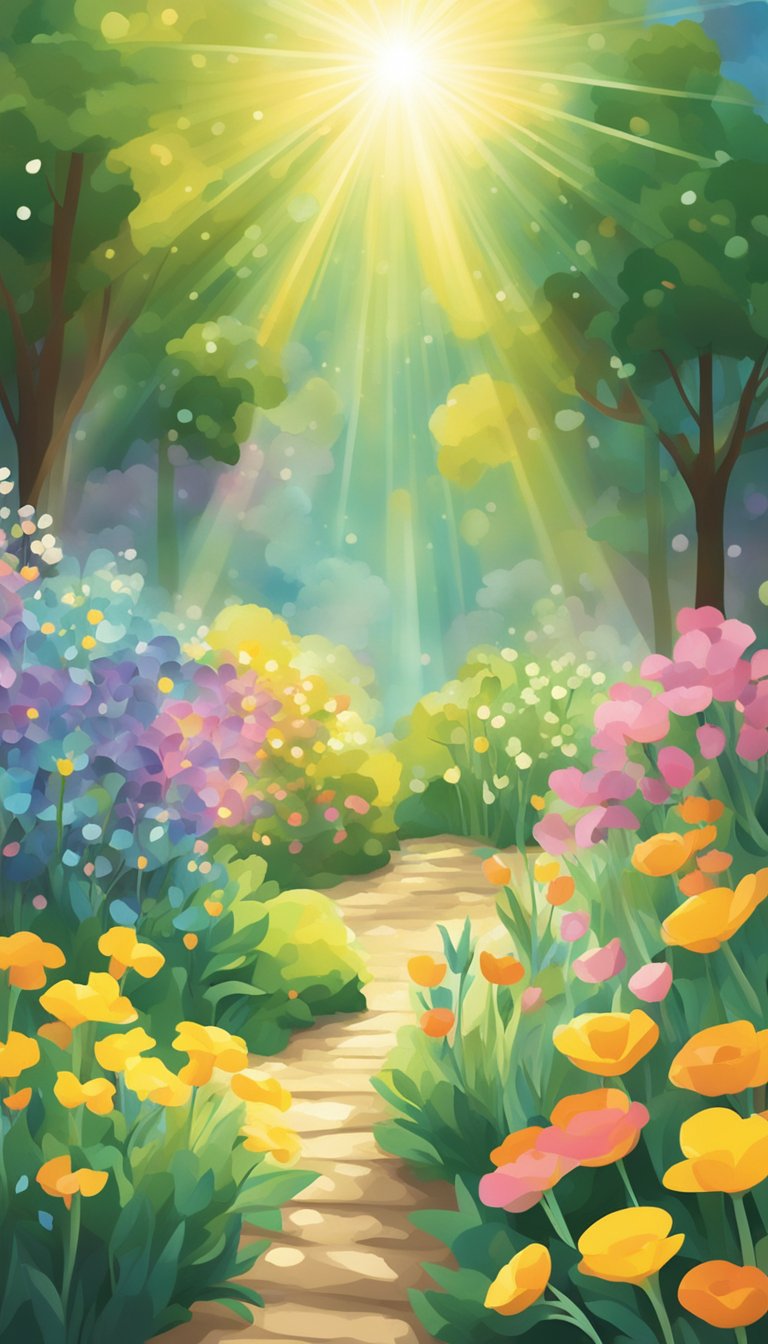 A radiant beam of light shining down onto a blooming garden, symbolizing hope and renewal