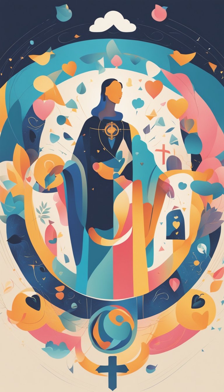 A figure sacrificing itself to protect others, surrounded by symbols of love and strength