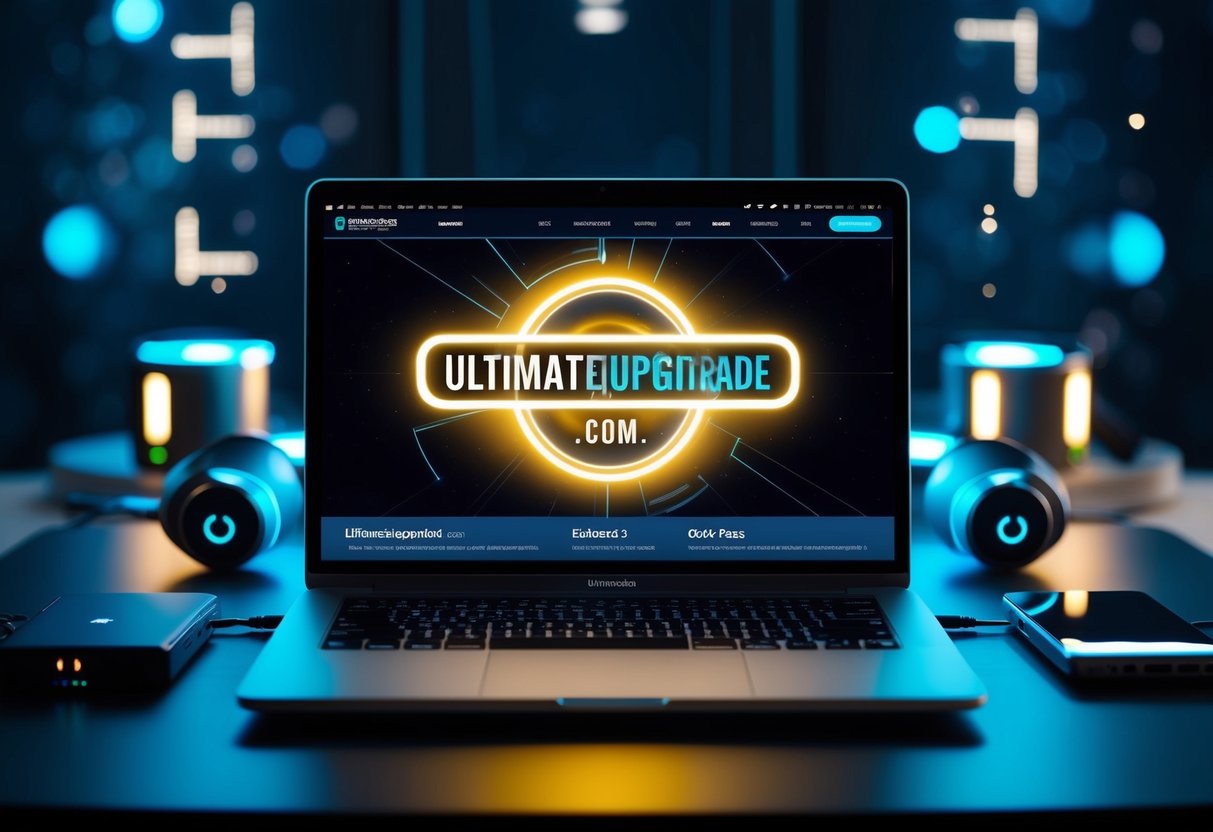 A laptop displaying ultimateupgradepass.com with a glowing, futuristic interface surrounded by tech gadgets and a sleek, modern workspace