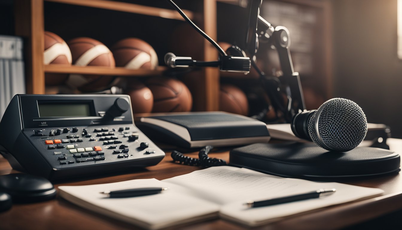 A coach sitting behind a desk with a microphone in front, surrounded by sports equipment and a list of frequently asked questions