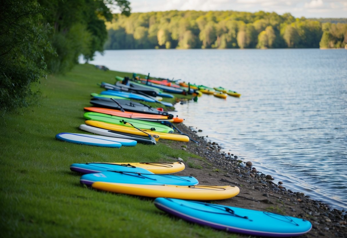A serene lake surrounded by lush greenery, with a colorful array of paddle sports equipment scattered along the shore