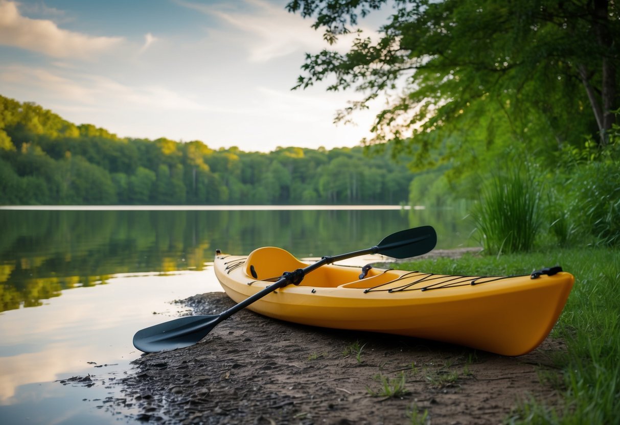 A serene lake surrounded by lush greenery with a kayak and paddle resting on the shore, evoking a sense of tranquility and mental well-being