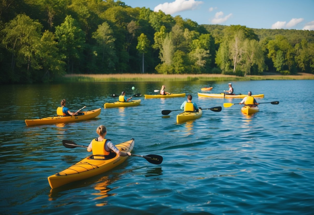 A serene lake with kayaks, canoes, and paddleboards gliding across the water, surrounded by lush greenery and a peaceful atmosphere