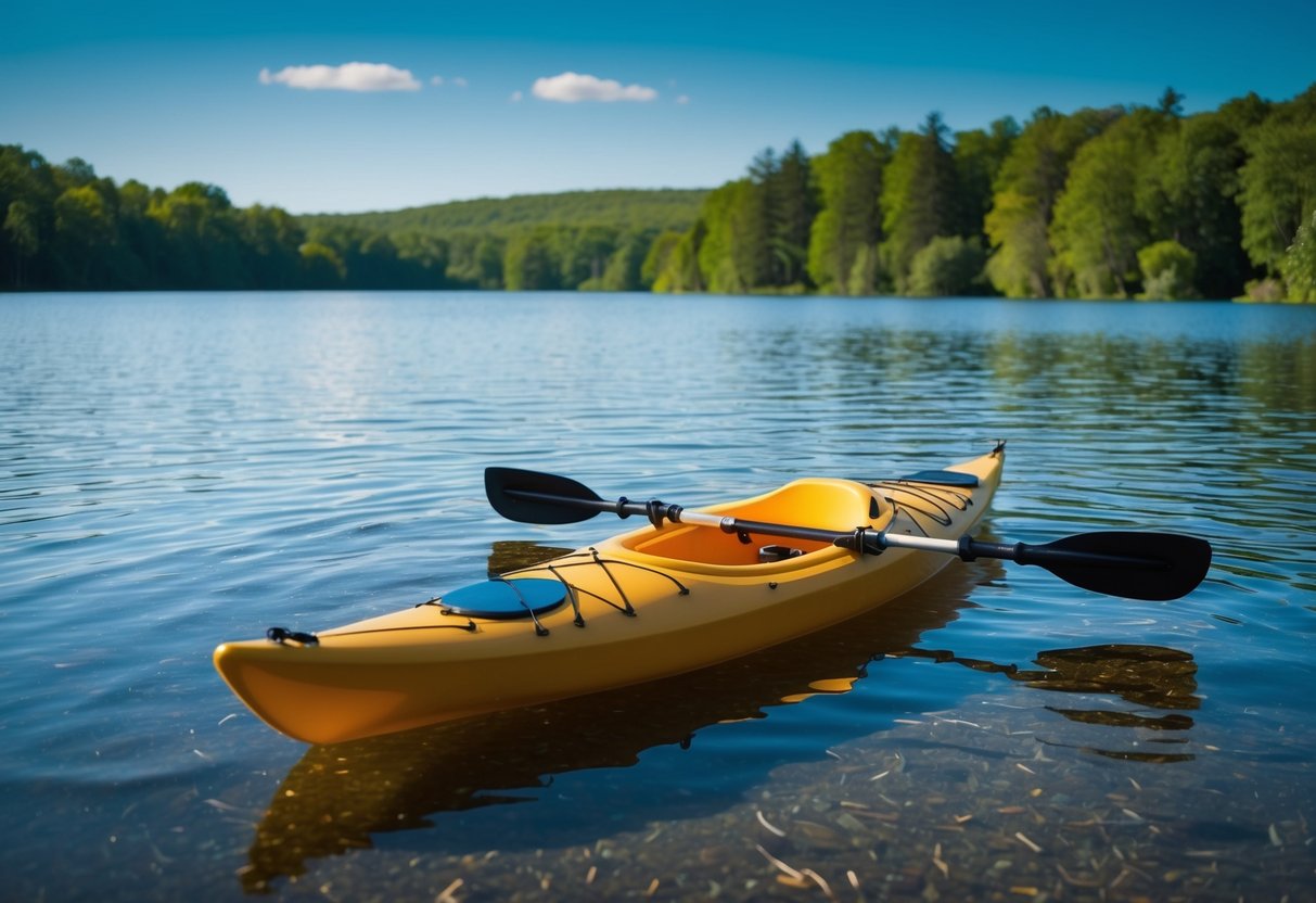 A serene lake with a calm surface, surrounded by lush green trees and a clear blue sky. A kayak and a paddle are floating on the water, ready for a peaceful paddle
