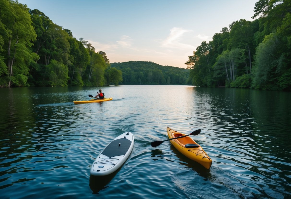 A serene lake surrounded by lush green trees, with a paddleboard and kayak peacefully gliding through the calm waters