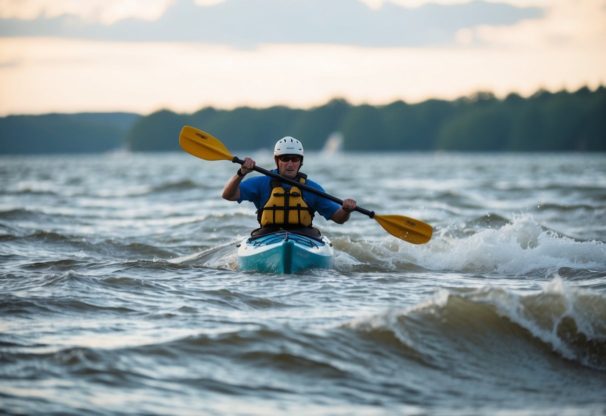 A kayaker paddling through rough waters, facing strong currents and obstacles, with a sense of determination and focus