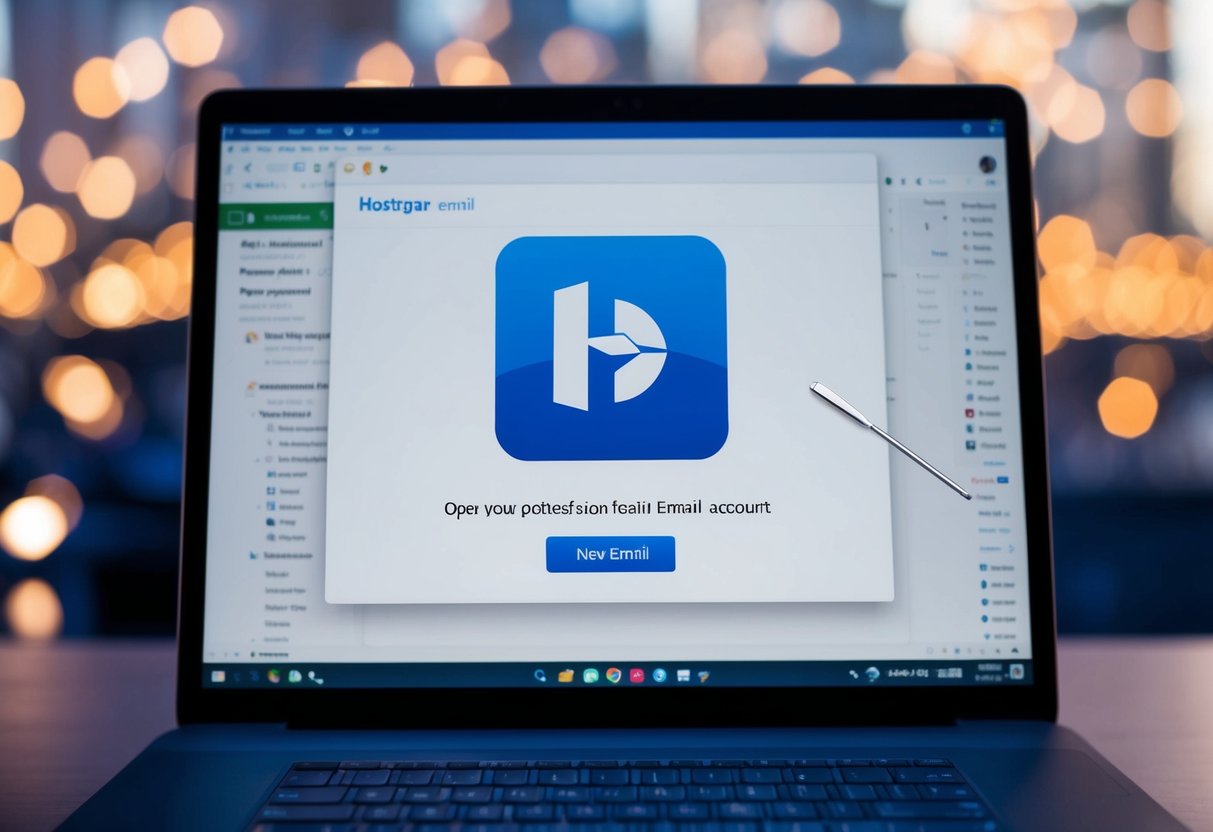 A computer screen showing the Outlook email interface with the Hostinger email account open, while a cursor hovers over the "New Email" button
