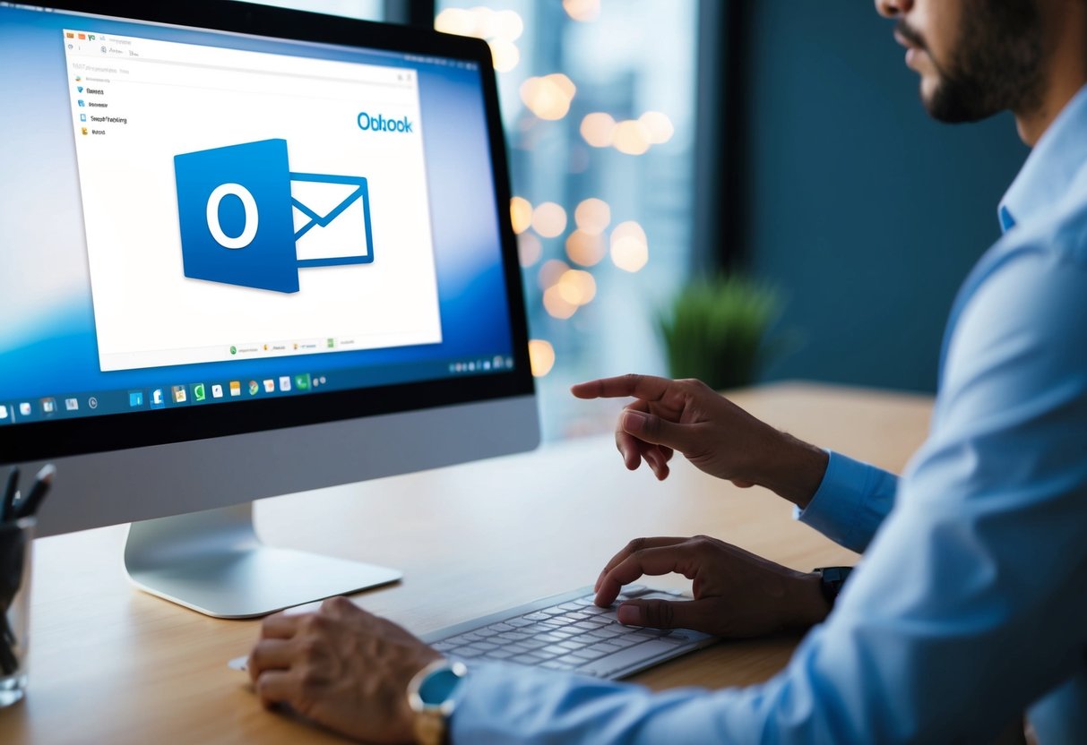 A person adjusting email settings on a computer, with the Outlook and Hostinger logos visible on the screen