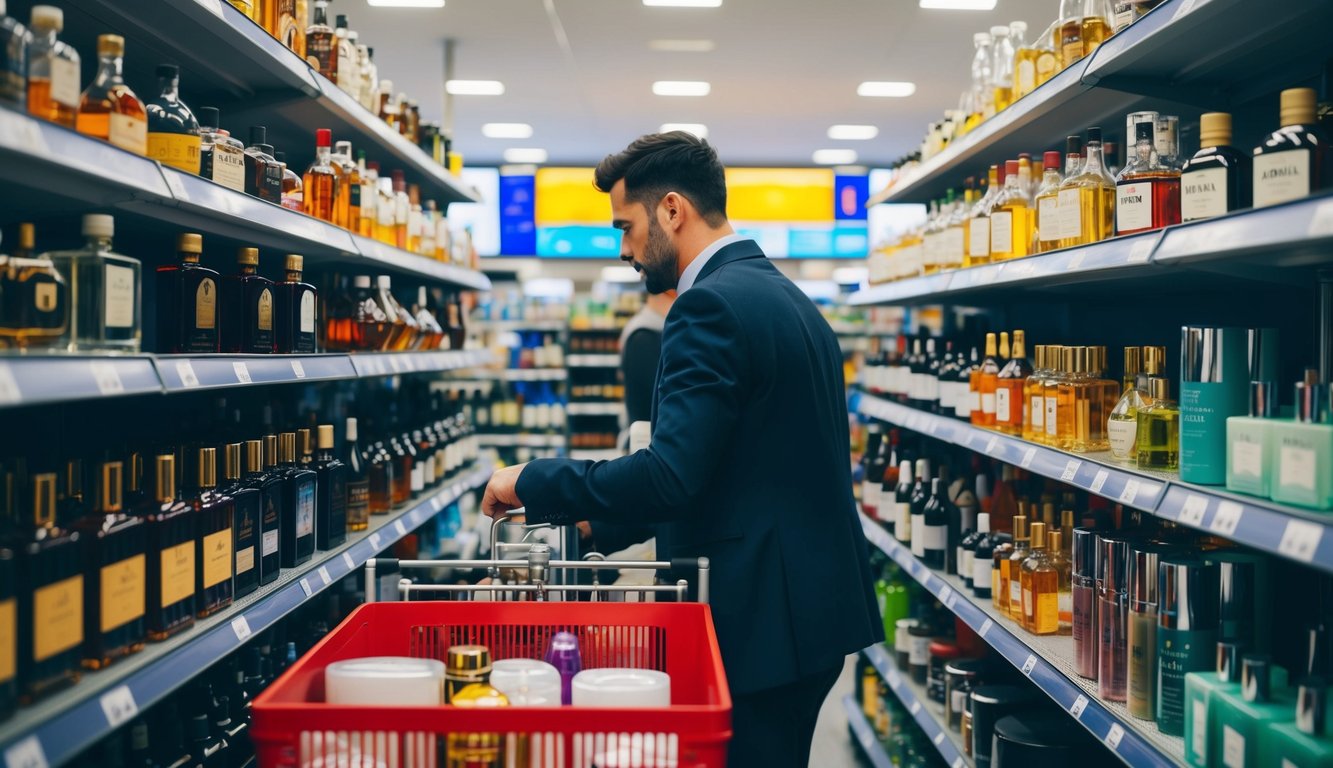 A person browsing duty-free liquids at an airport shop, surrounded by shelves of alcohol, perfume, and skincare products