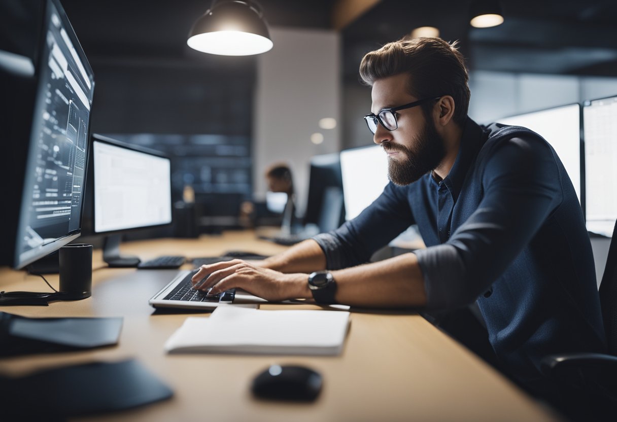 A web designer sketches a layout while a web developer codes a functioning website