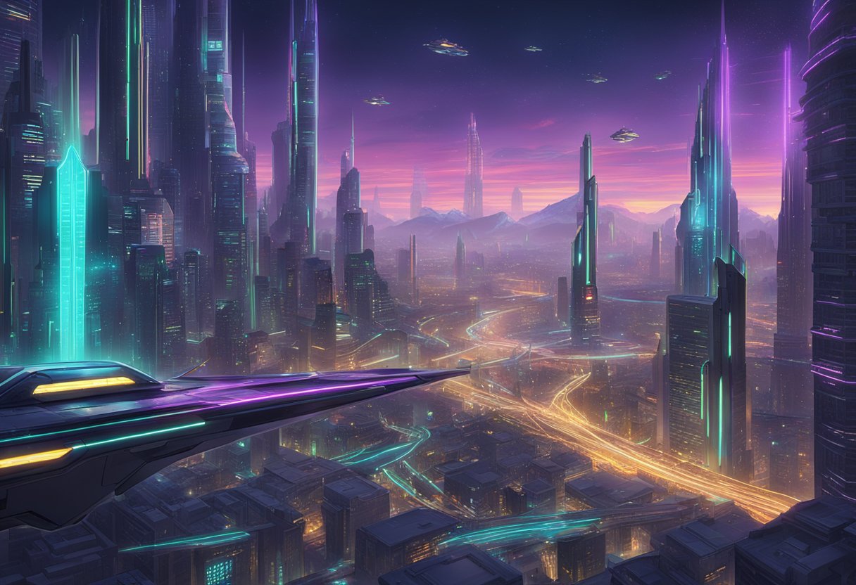 A futuristic cityscape with neon-lit skyscrapers and flying vehicles, centered around a glowing XBorg logo