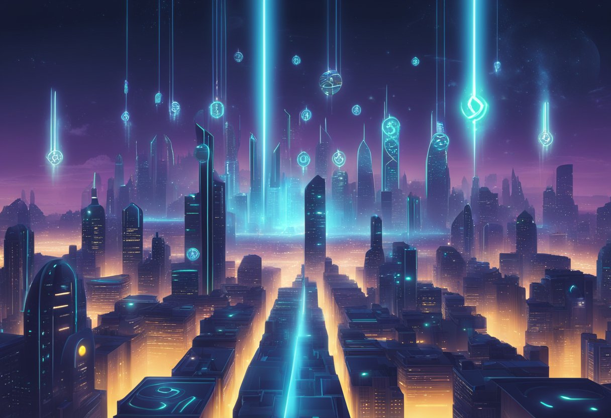 A futuristic city skyline with glowing XBorg logos and digital currency symbols hovering in the air