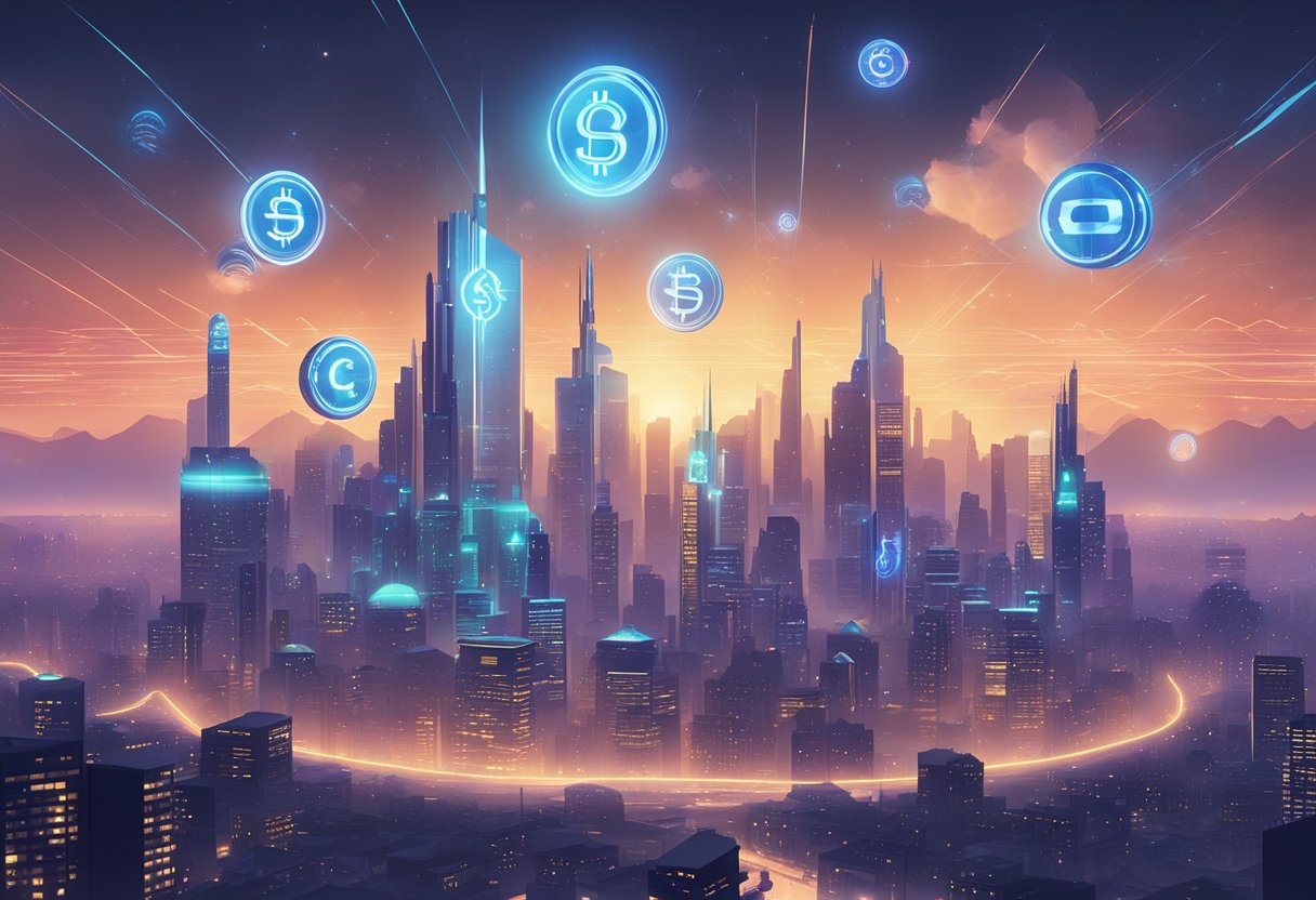 A futuristic city skyline with glowing XBorg logos and digital currency symbols floating in the air