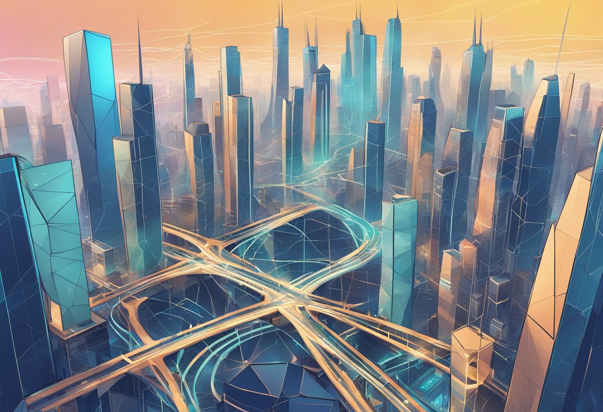 A futuristic cityscape with towering buildings and interconnected networks, symbolizing the governance and community of the XBorg Crypto Project