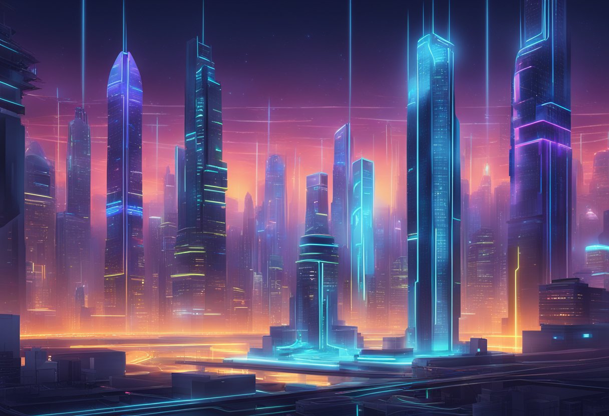 A futuristic cityscape with towering buildings and glowing neon signs, surrounded by advanced digital infrastructure and data servers