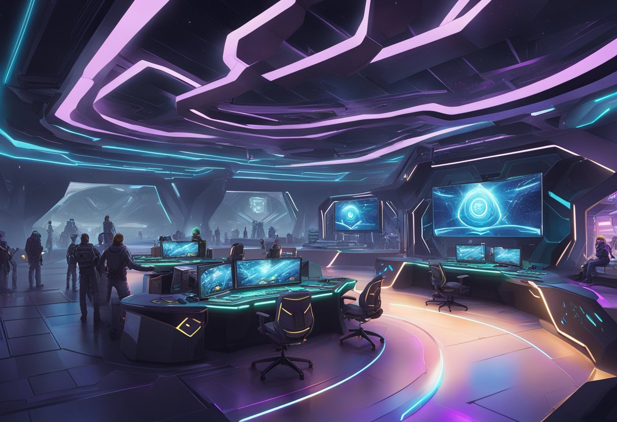 A futuristic gaming arena with XBorg-themed decor and high-tech esports integration