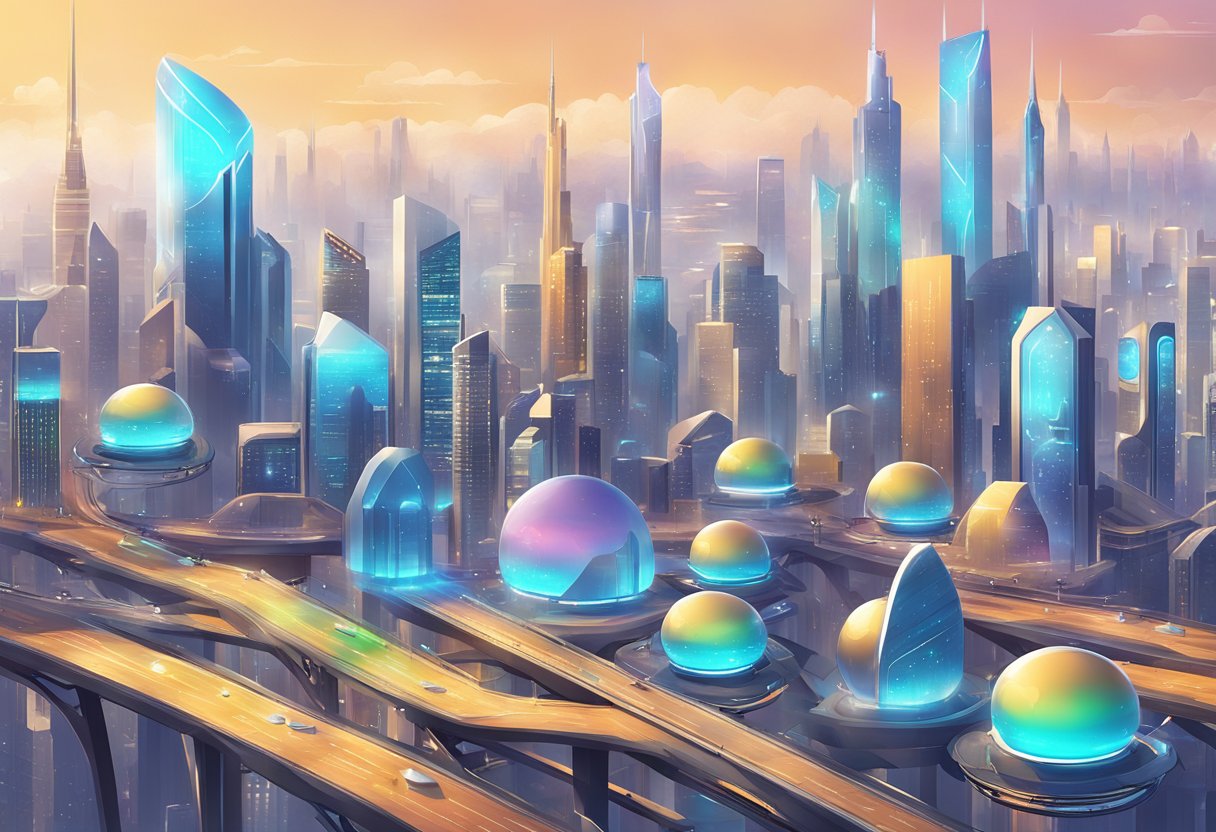 A futuristic city skyline with digital tokens floating above, connecting various industries and platforms