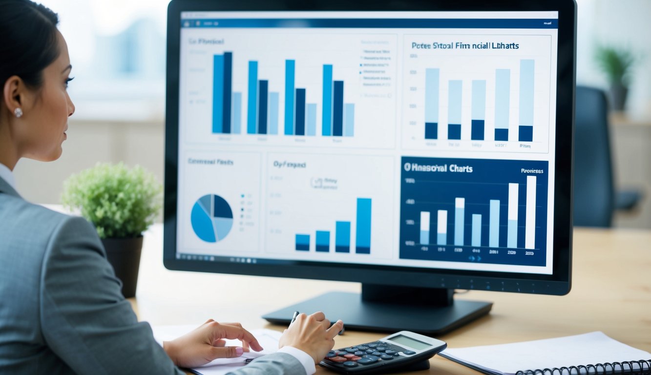 Una donna d'affari che analizza grafici e diagrammi finanziari su uno schermo del computer, con una calcolatrice e un blocco note sulla scrivania