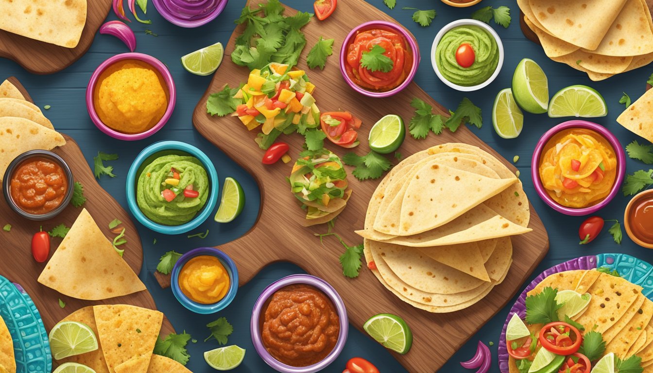 A colorful array of tortillas and taco shells arranged on a wooden serving board, surrounded by vibrant toppings and salsas