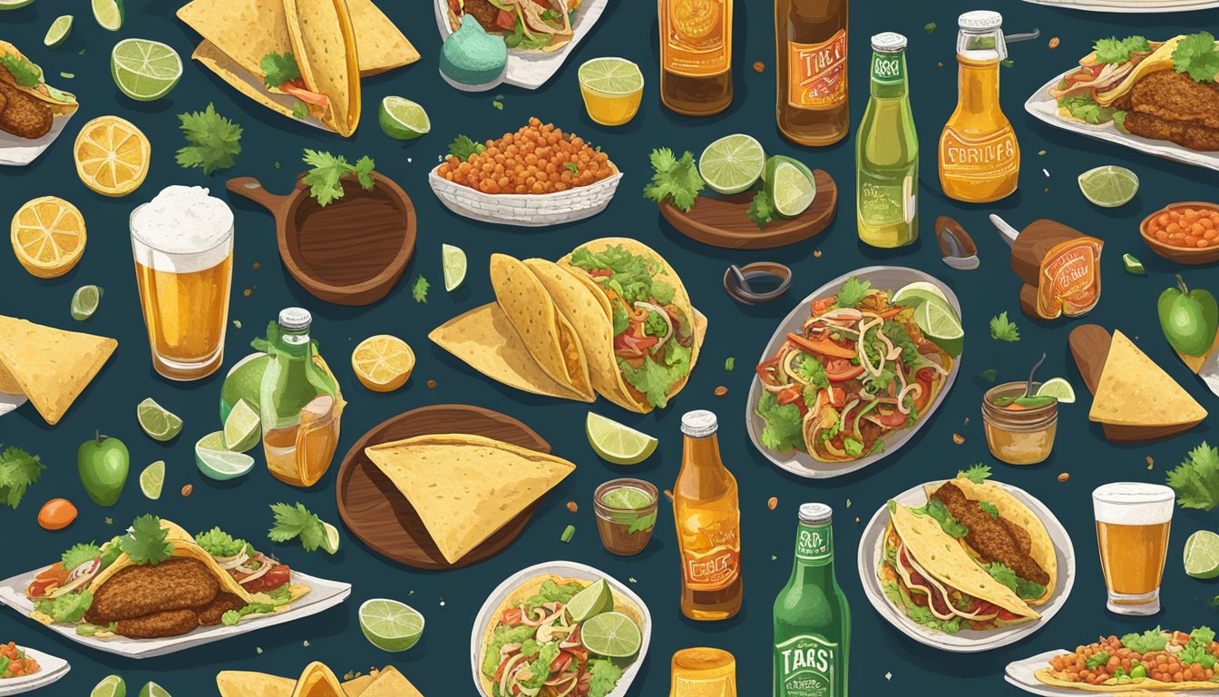 A table with various taco ingredients and craft beer bottles, surrounded by Texas-inspired decor