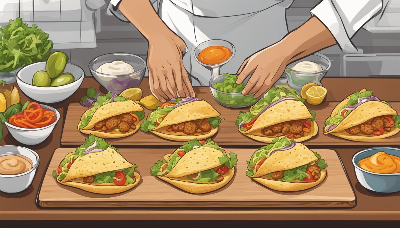 A chef placing puffy tacos on a wooden board with colorful garnishes and sauces arranged neatly around them