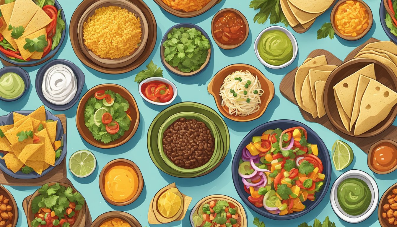 A colorful spread of various side dishes and extras arranged around a central taco bar, with vibrant ingredients and condiments displayed in decorative bowls and platters