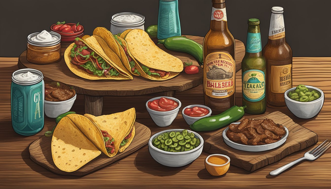 A rustic wooden table topped with an assortment of gourmet tacos and bottles of Texas craft beer. Ingredients like brisket, queso, and jalapenos are artfully arranged alongside the bottles