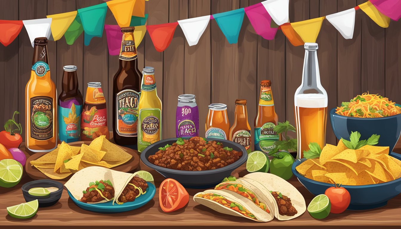 A table with various taco ingredients and Texas craft beers arranged in a vibrant and inviting display