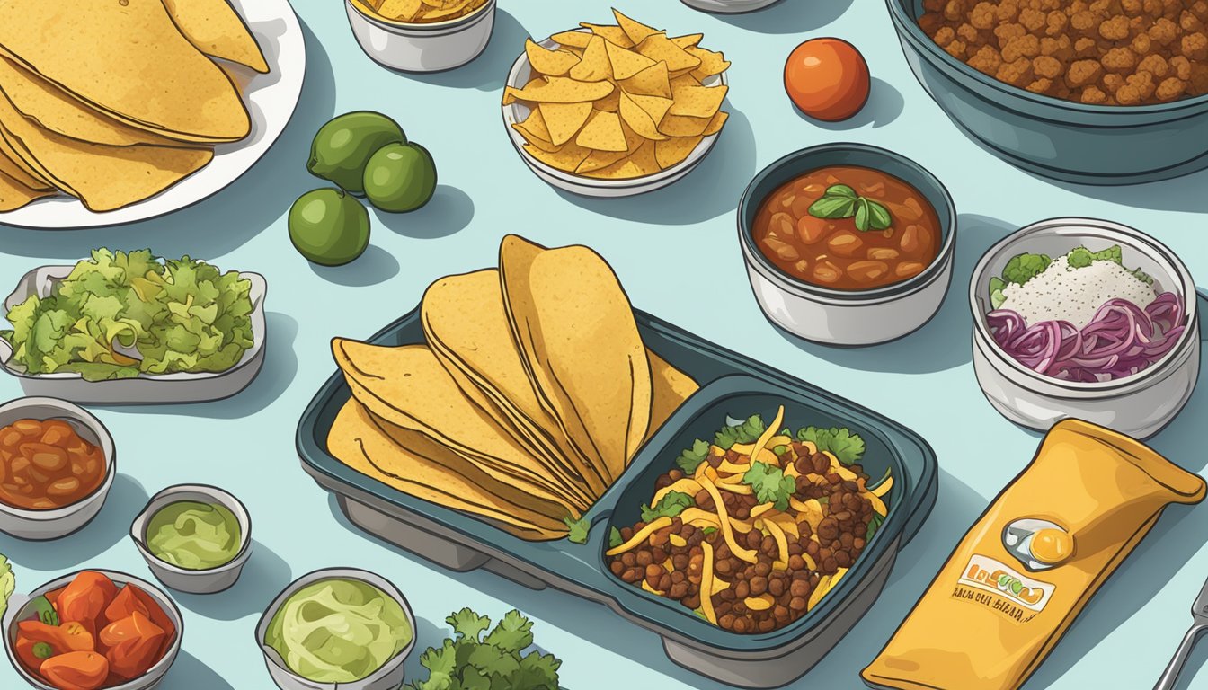 A kitchen counter with various containers of leftovers and ingredients, alongside a recipe for puffy tacos