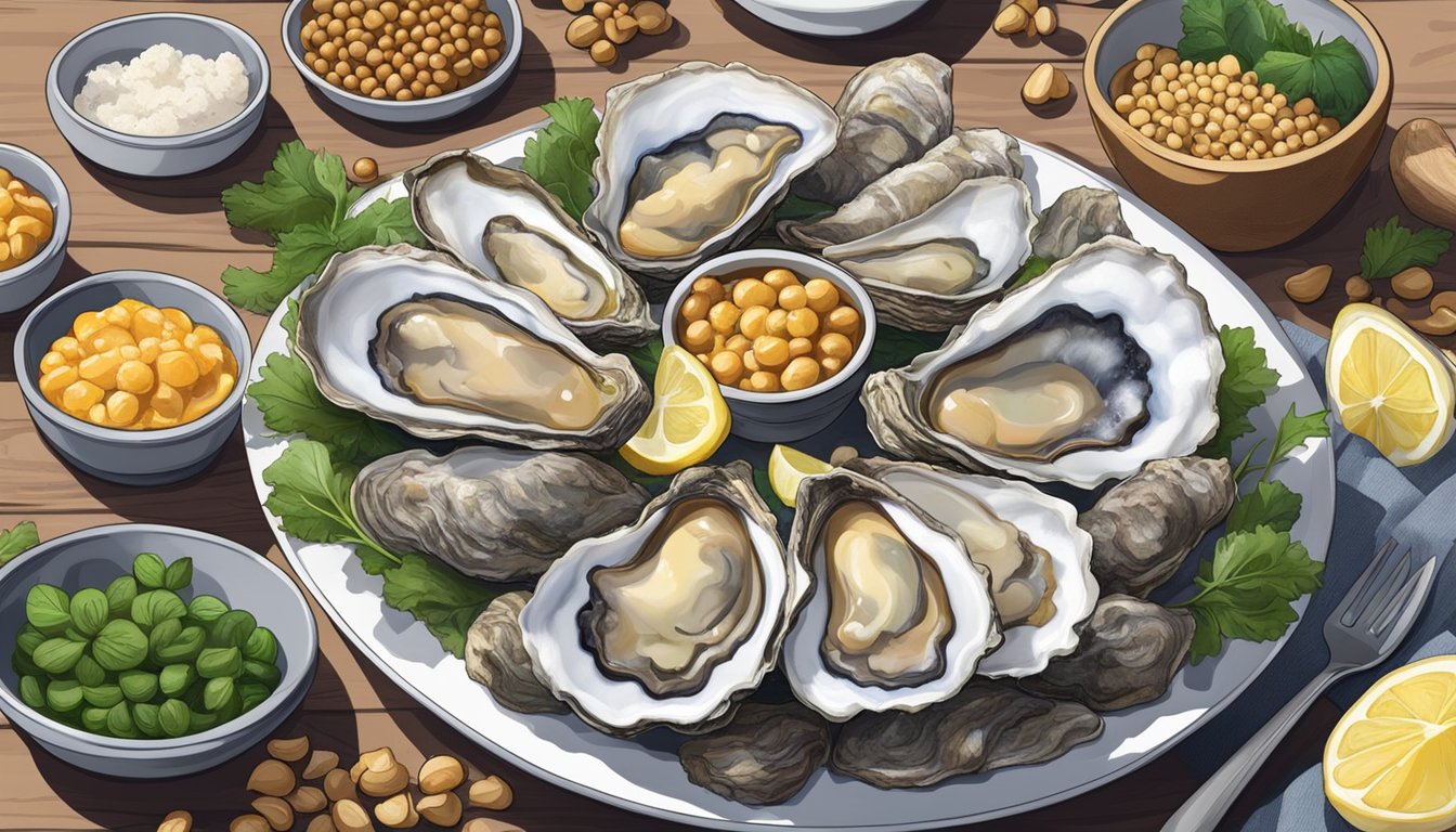 A plate of fresh oysters surrounded by other zinc-rich foods like beef, chickpeas, and cashews