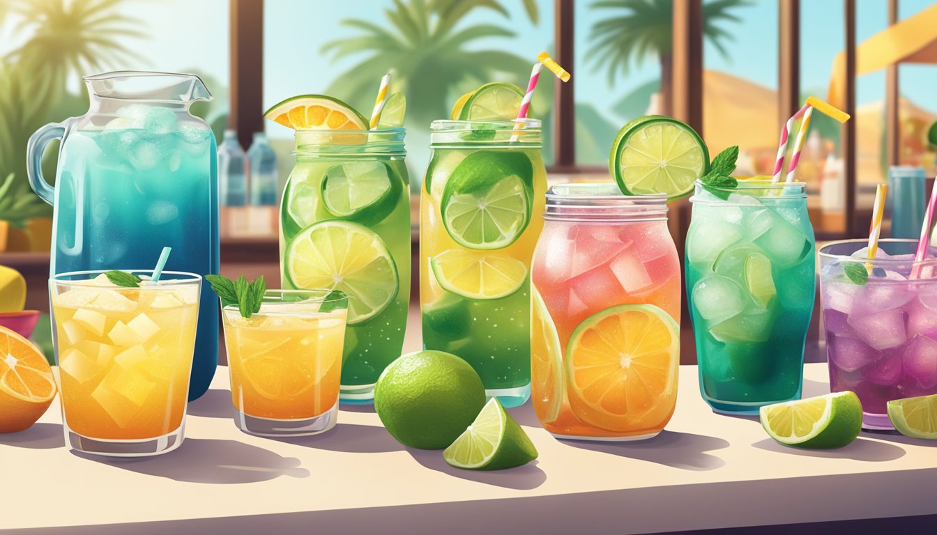 A colorful array of refreshing beverages set up next to a vibrant taco bar, with various glasses and pitchers filled with drinks like margaritas, horchata, and fruit-infused water