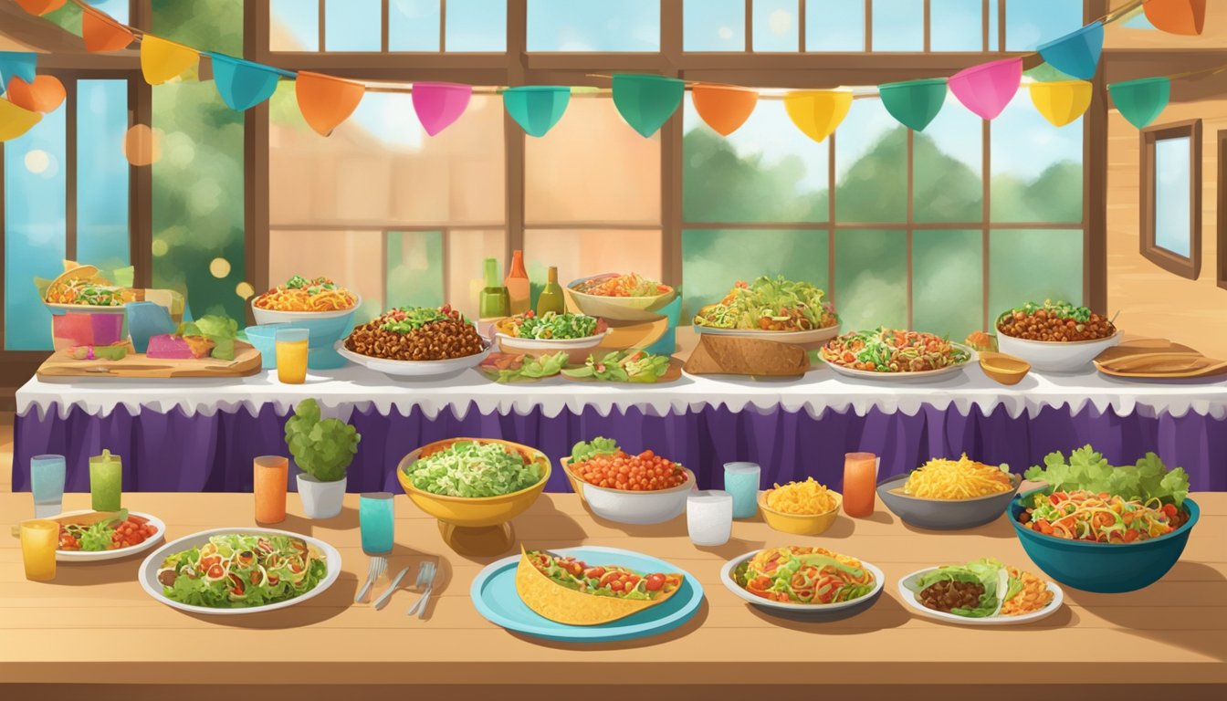 A festive taco bar party with colorful toppings and decorations, set up on a long table with plenty of seating for guests