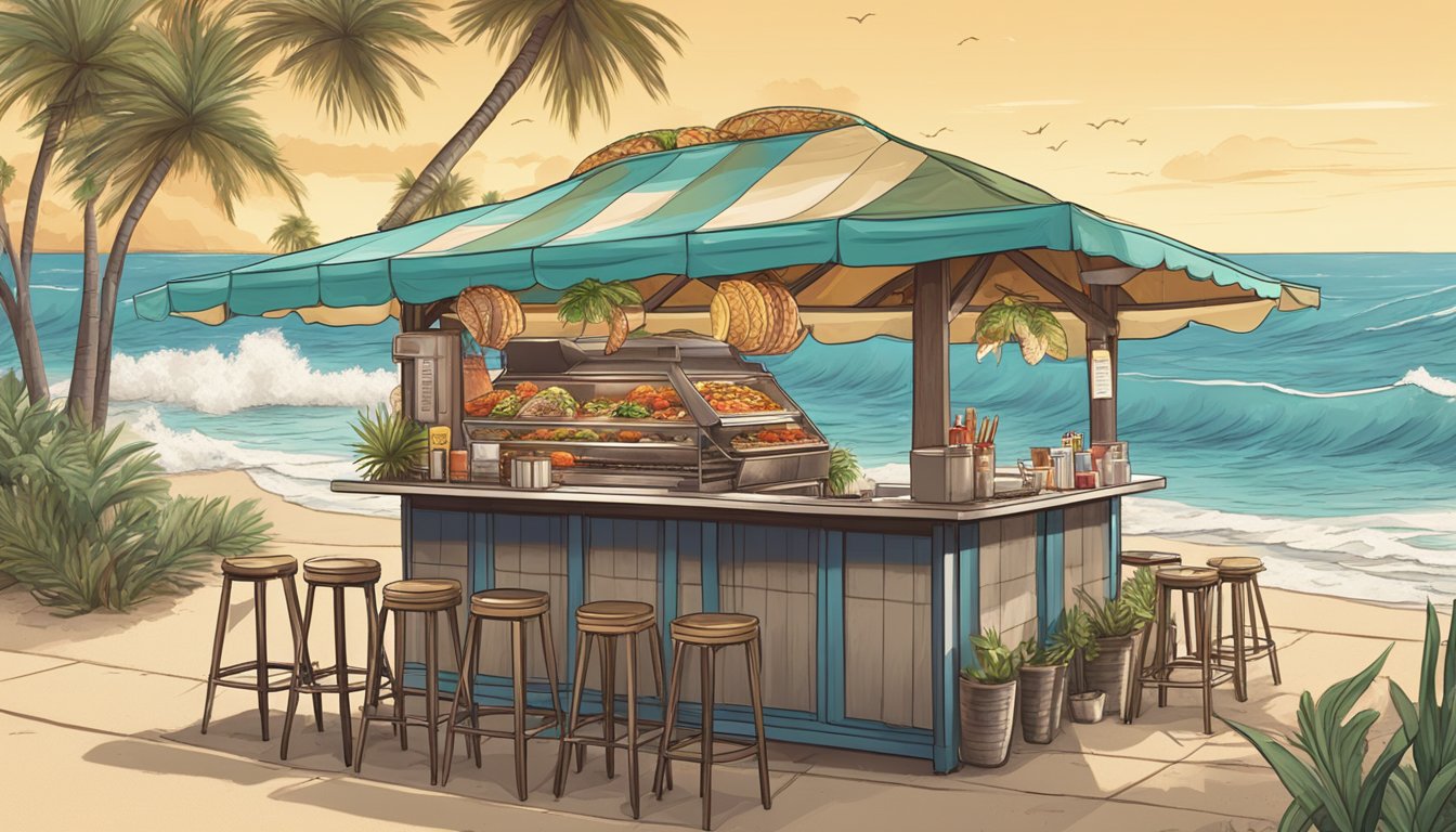 A beachside taco stand with a grill cooking up steak and shrimp, surrounded by crashing waves and palm trees