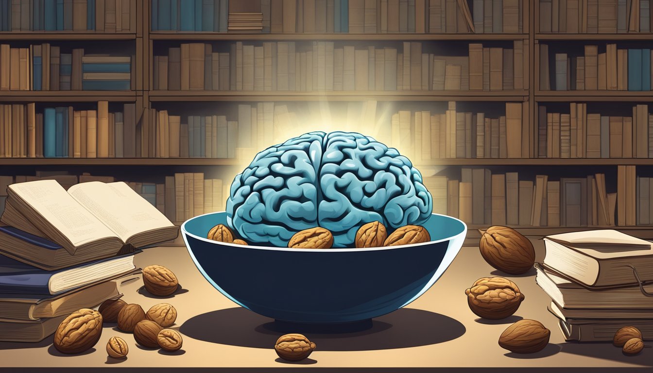 A bowl of walnuts surrounded by books and a brain-shaped puzzle, with a beam of light shining on them