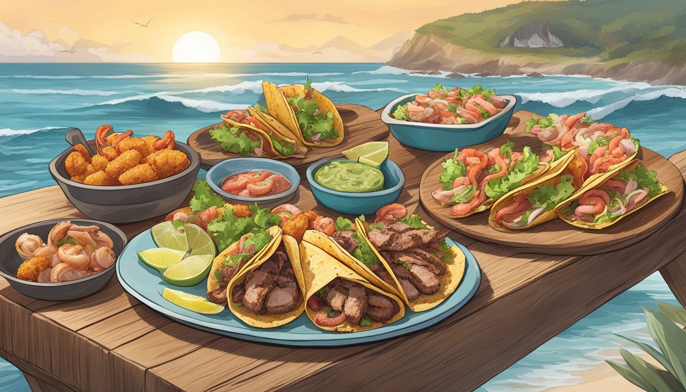 A beachside picnic with surf and turf tacos served on a wooden platter, surrounded by fresh seafood and grilled meats, with the ocean in the background