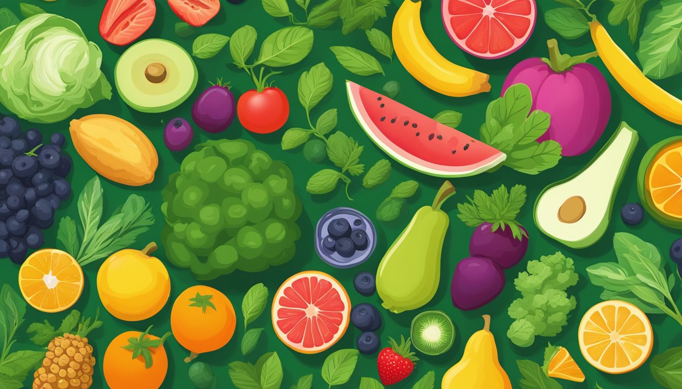 A colorful array of fruits, vegetables, and herbs arranged on a table, with a vibrant green background suggesting freshness and natural remedies for allergies