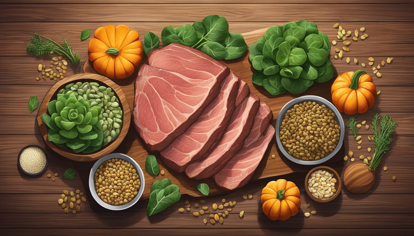 A succulent beef chuck roast surrounded by zinc-rich foods like spinach, pumpkin seeds, and lentils on a rustic wooden table