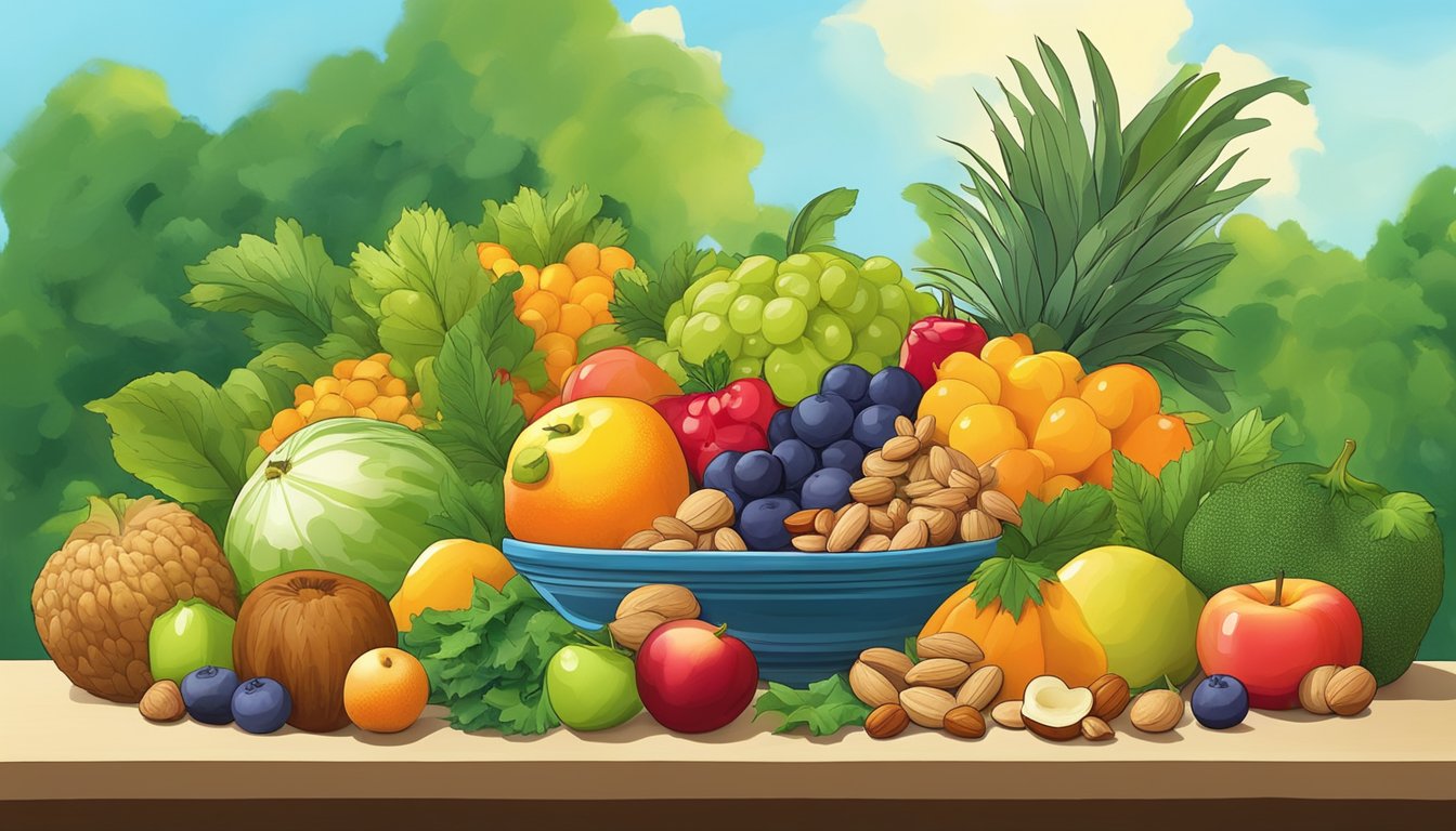 A colorful array of fruits, vegetables, and nuts arranged on a table, with a vibrant background of green foliage and a clear blue sky