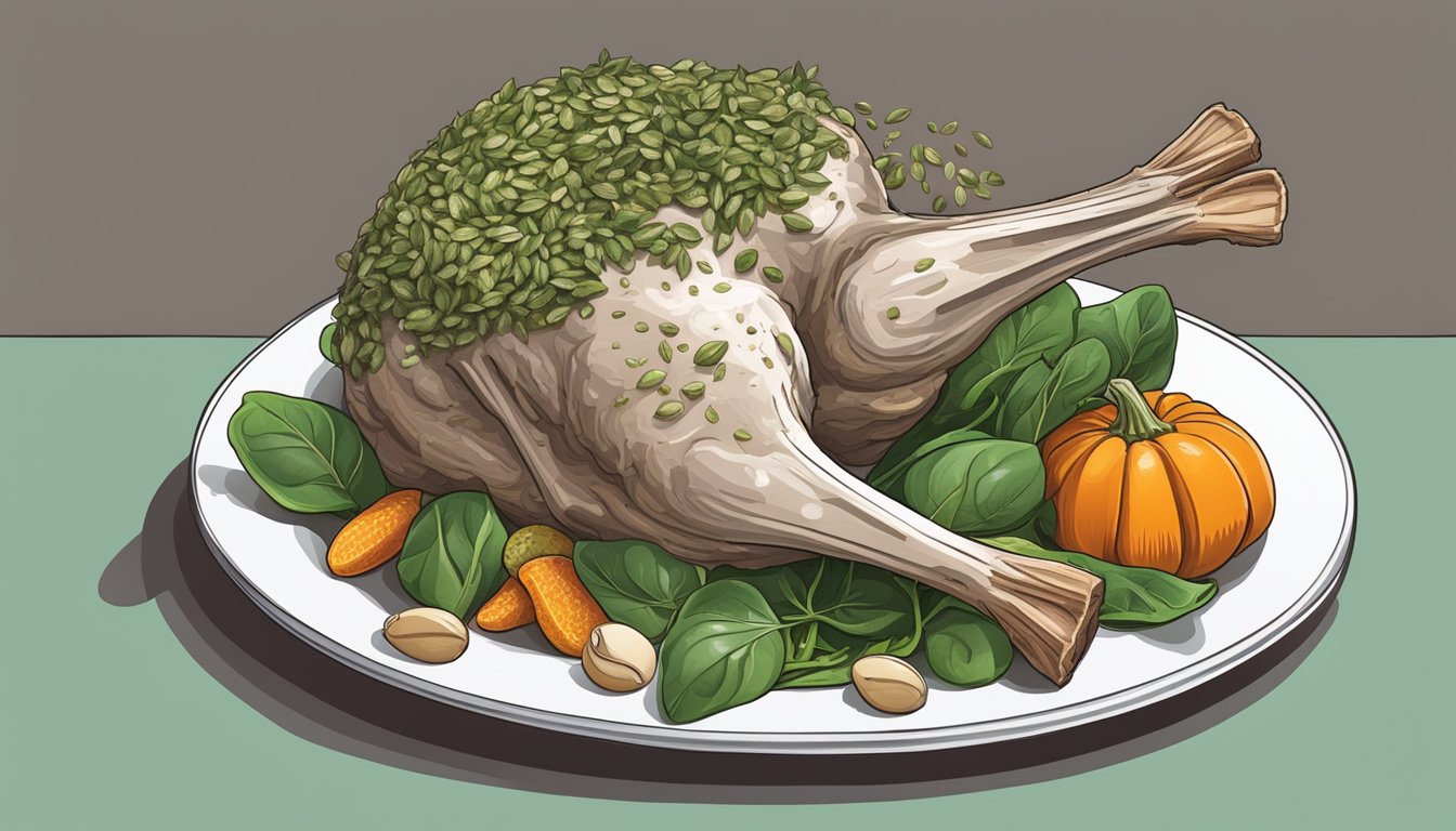 A lamb shank surrounded by zinc-rich foods like spinach and pumpkin seeds