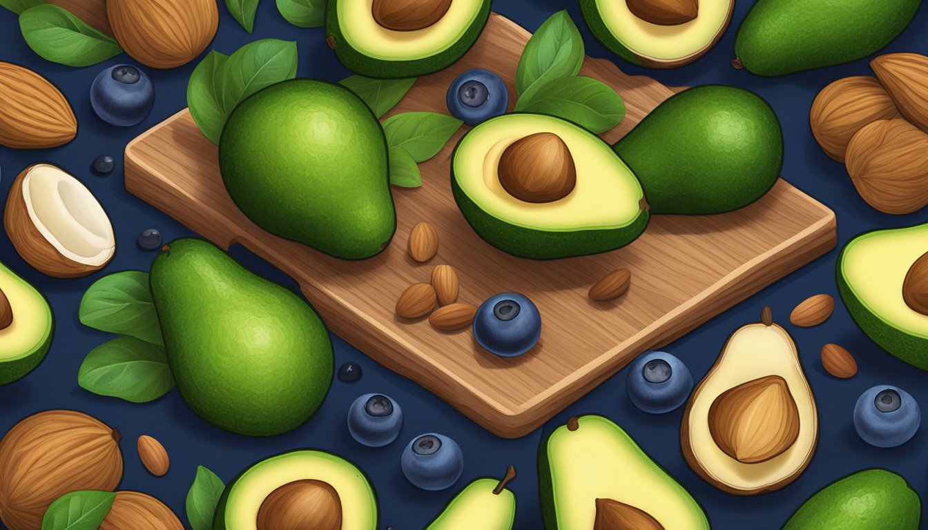 A colorful array of avocados, blueberries, and nuts arranged on a wooden cutting board, with a glowing brain in the background