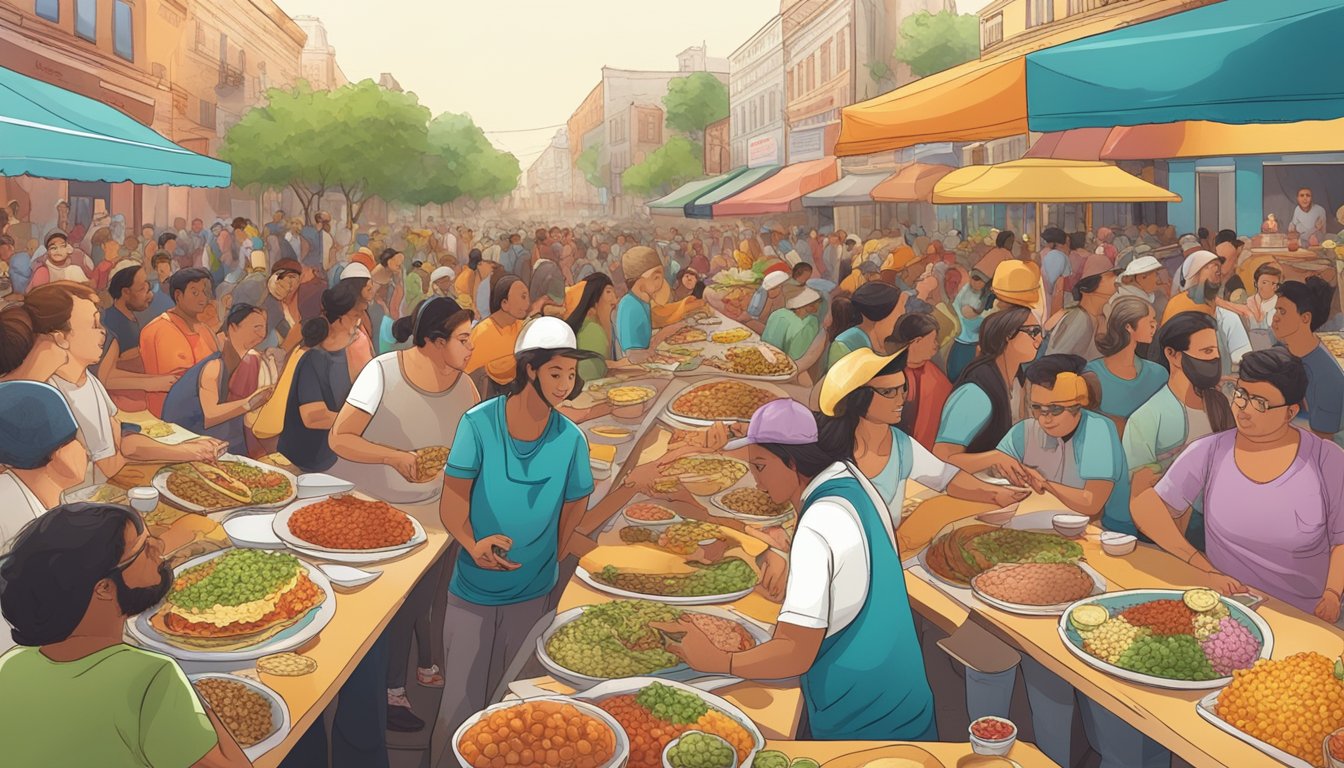 A long table filled with colorful ingredients and toppings for tacos, surrounded by a bustling crowd of hungry people