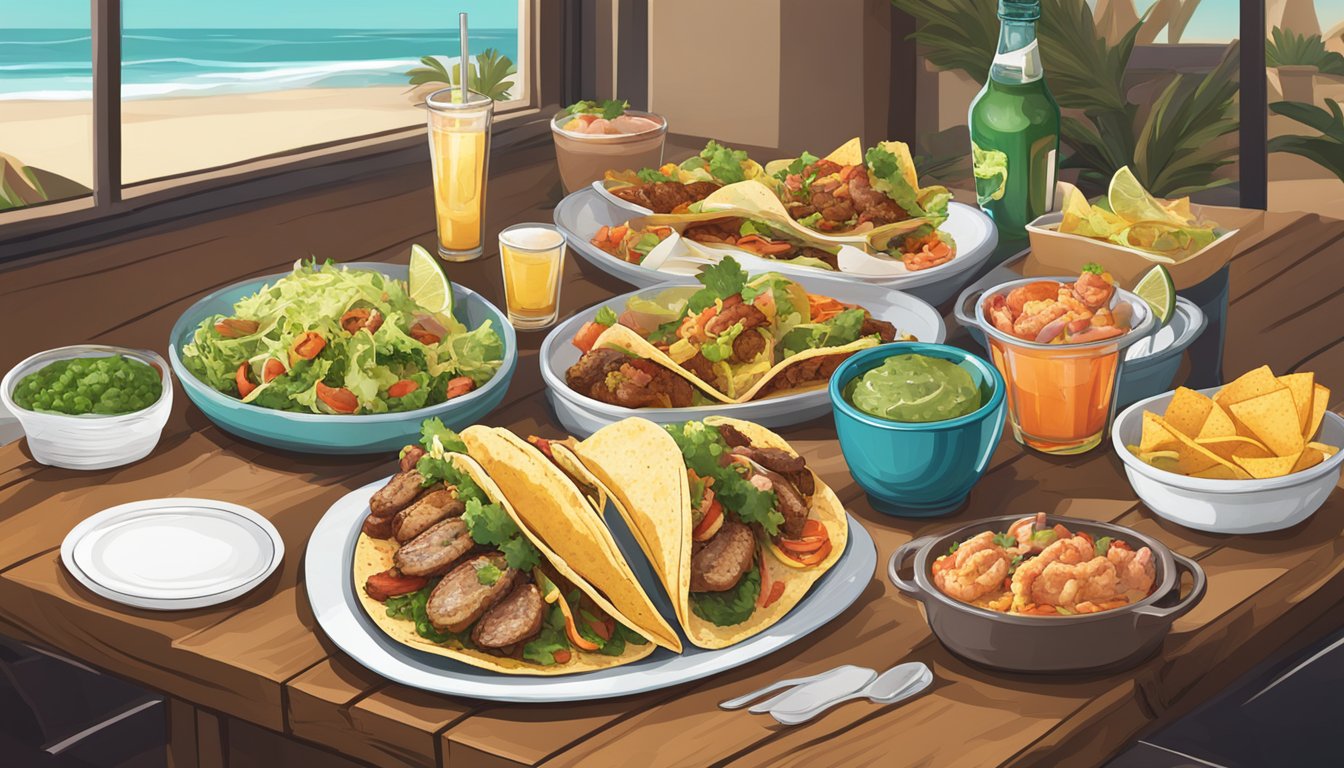 A table set with surf and turf tacos, accompanied by various side dishes and drinks